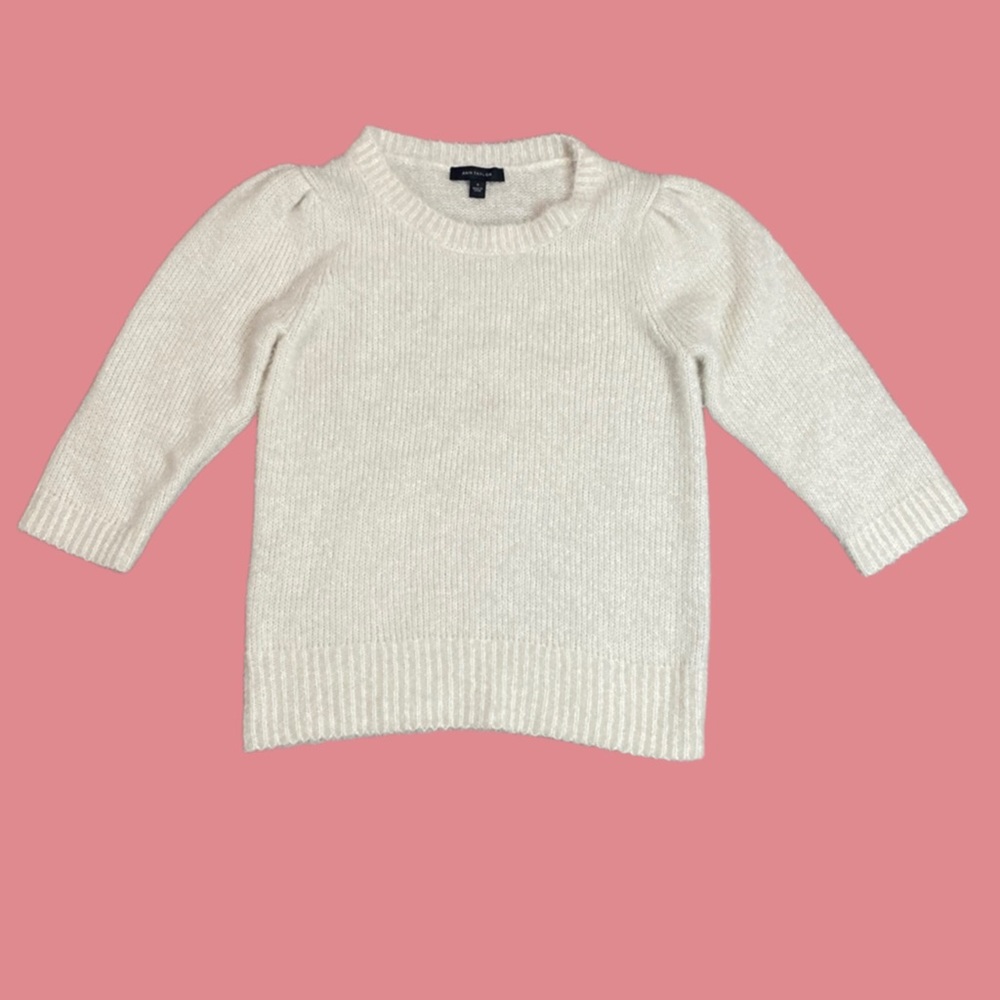 NWT ANN TAYLOR WHITE EYELASH KNIT BALLOON SLEEVE SWEATER SZ M